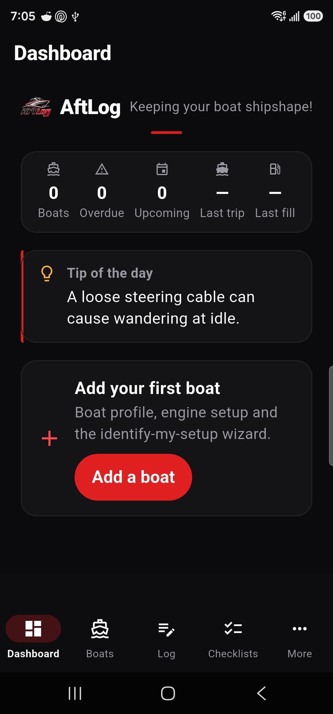 AftLog app dashboard with boat health score